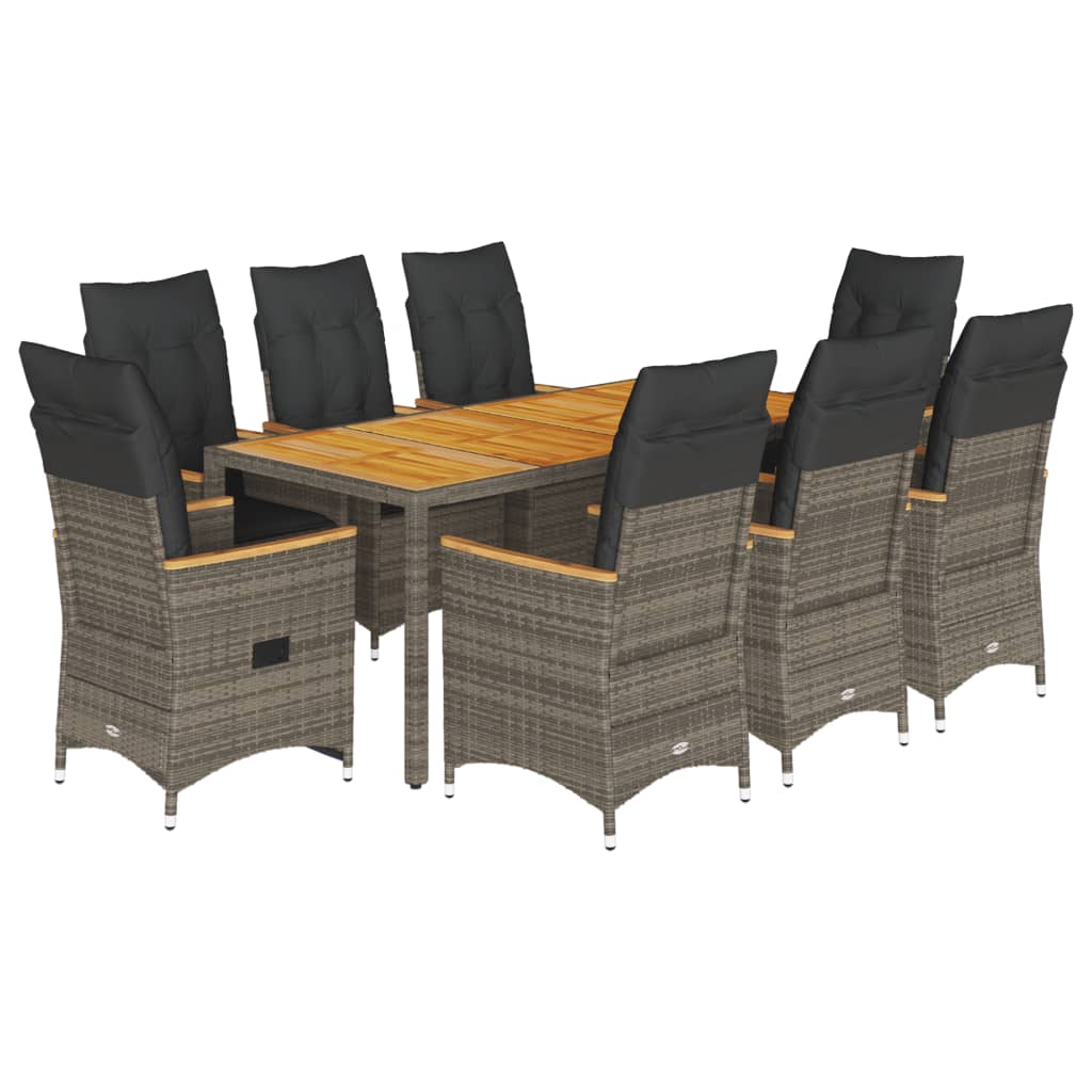 9 Piece Garden Dining Set with Cushions Grey Poly Rattan