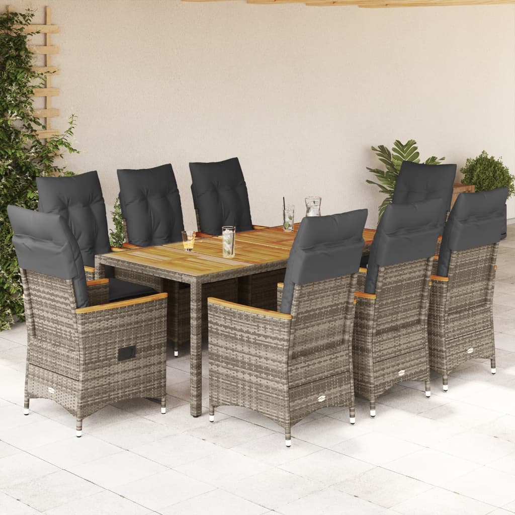 9 Piece Garden Dining Set with Cushions Grey Poly Rattan