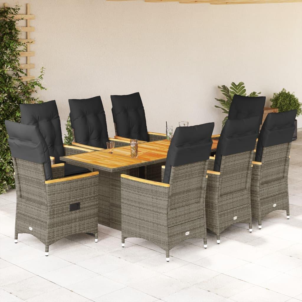9 Piece Garden Dining Set with Cushions Grey Poly Rattan