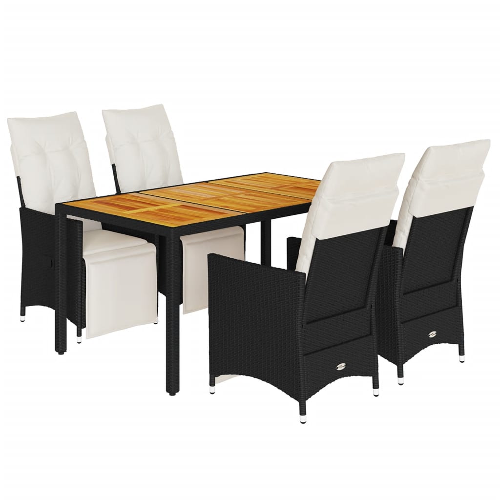 5 Piece Garden Dining Set with Cushions Black Poly Rattan