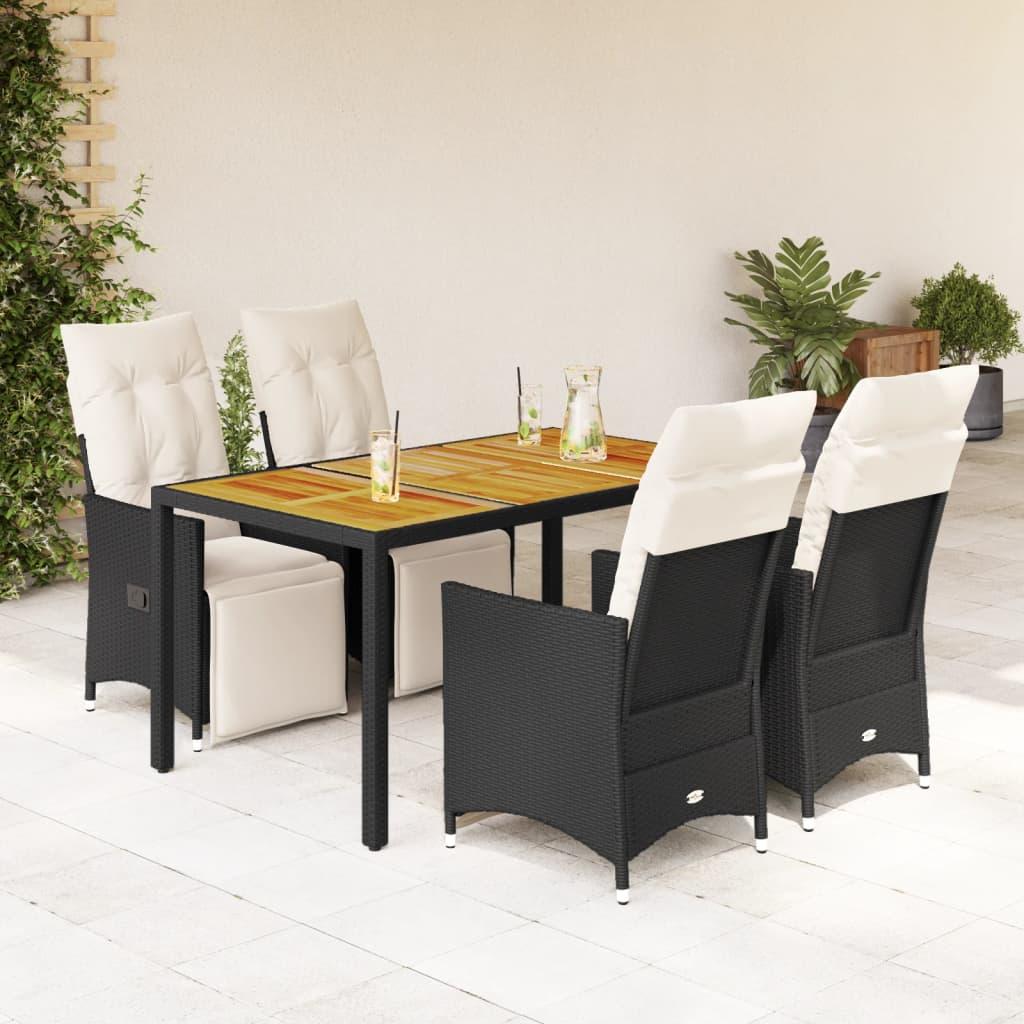 5 Piece Garden Dining Set with Cushions Black Poly Rattan
