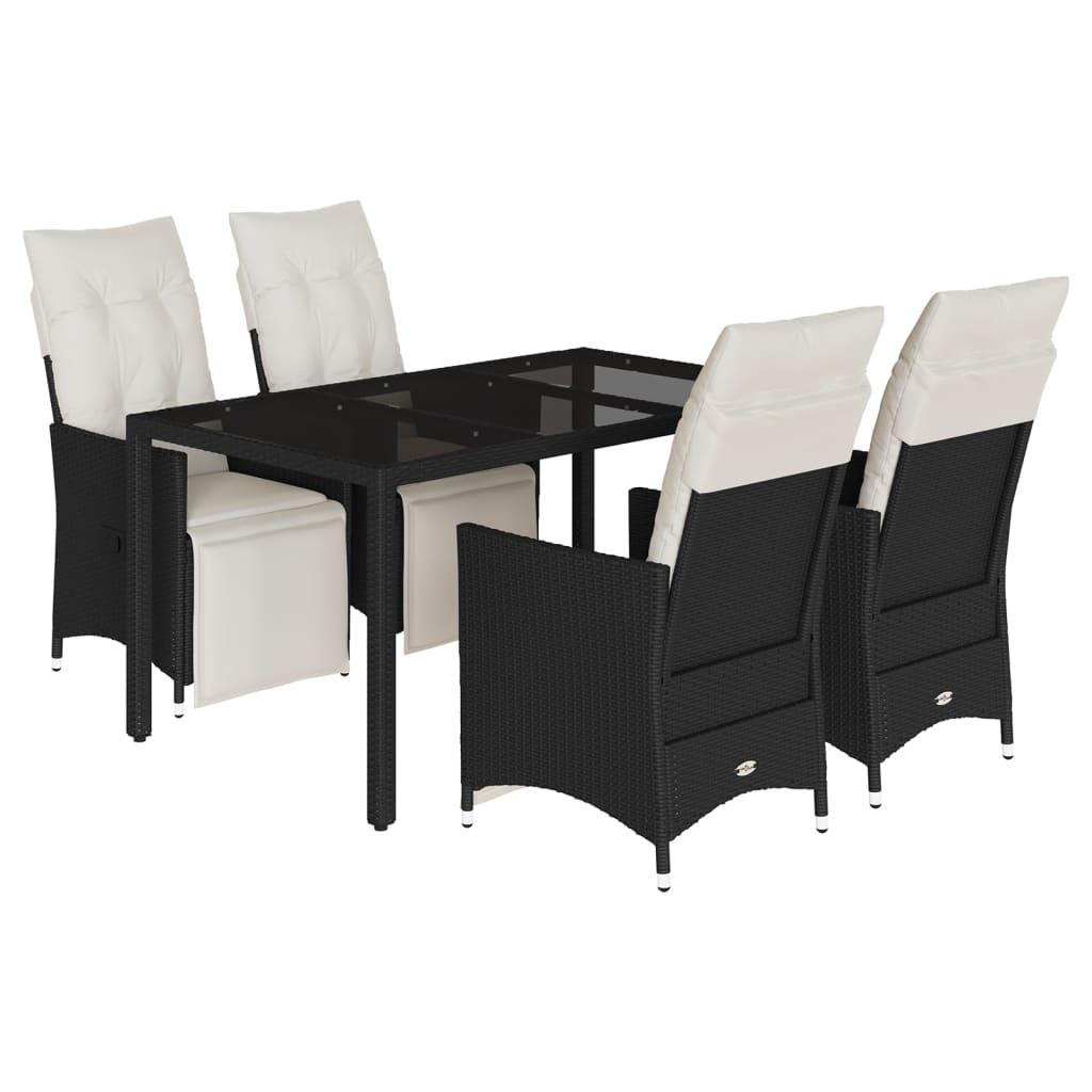 5 Piece Garden Dining Set with Cushions Black Poly Rattan