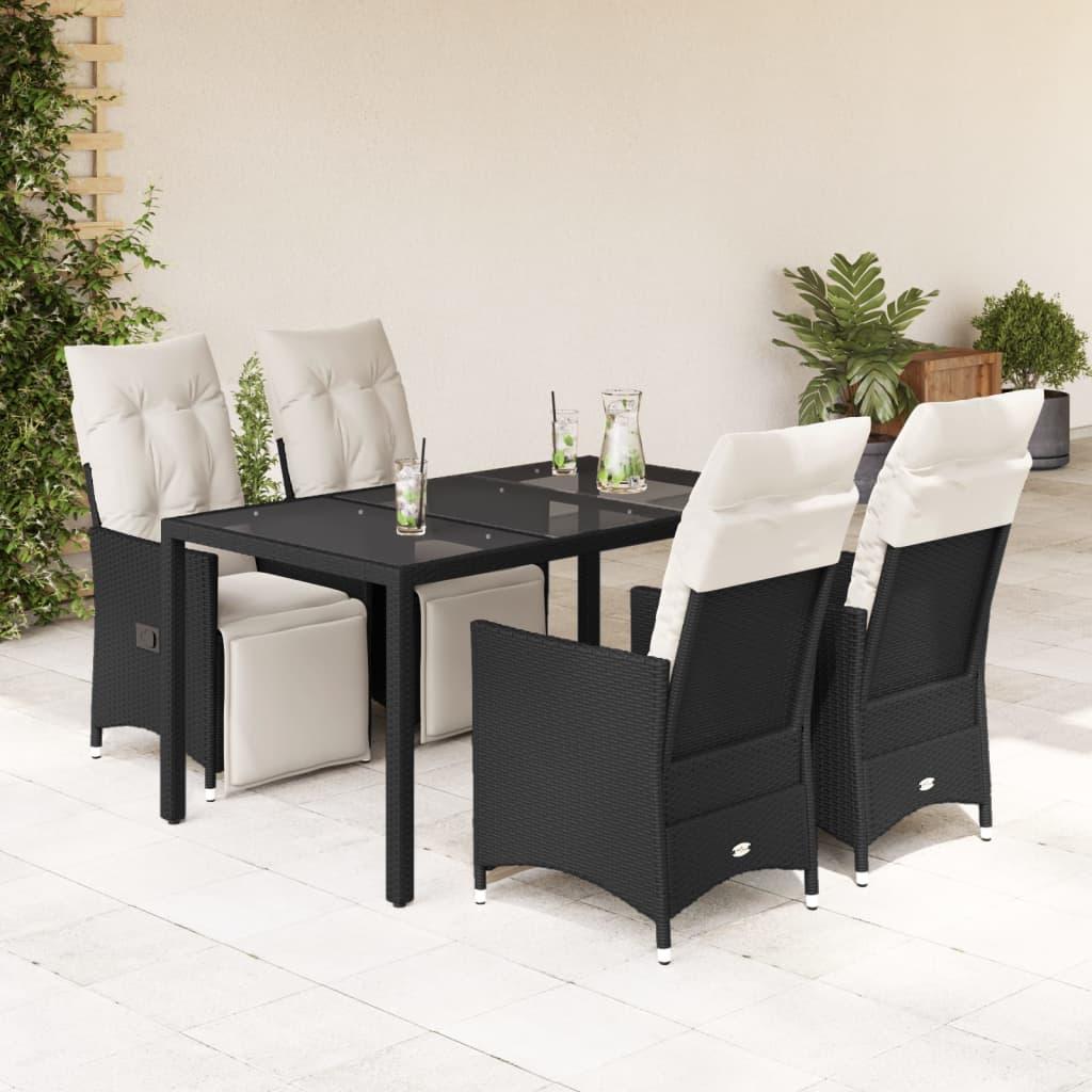 5 Piece Garden Dining Set with Cushions Black Poly Rattan