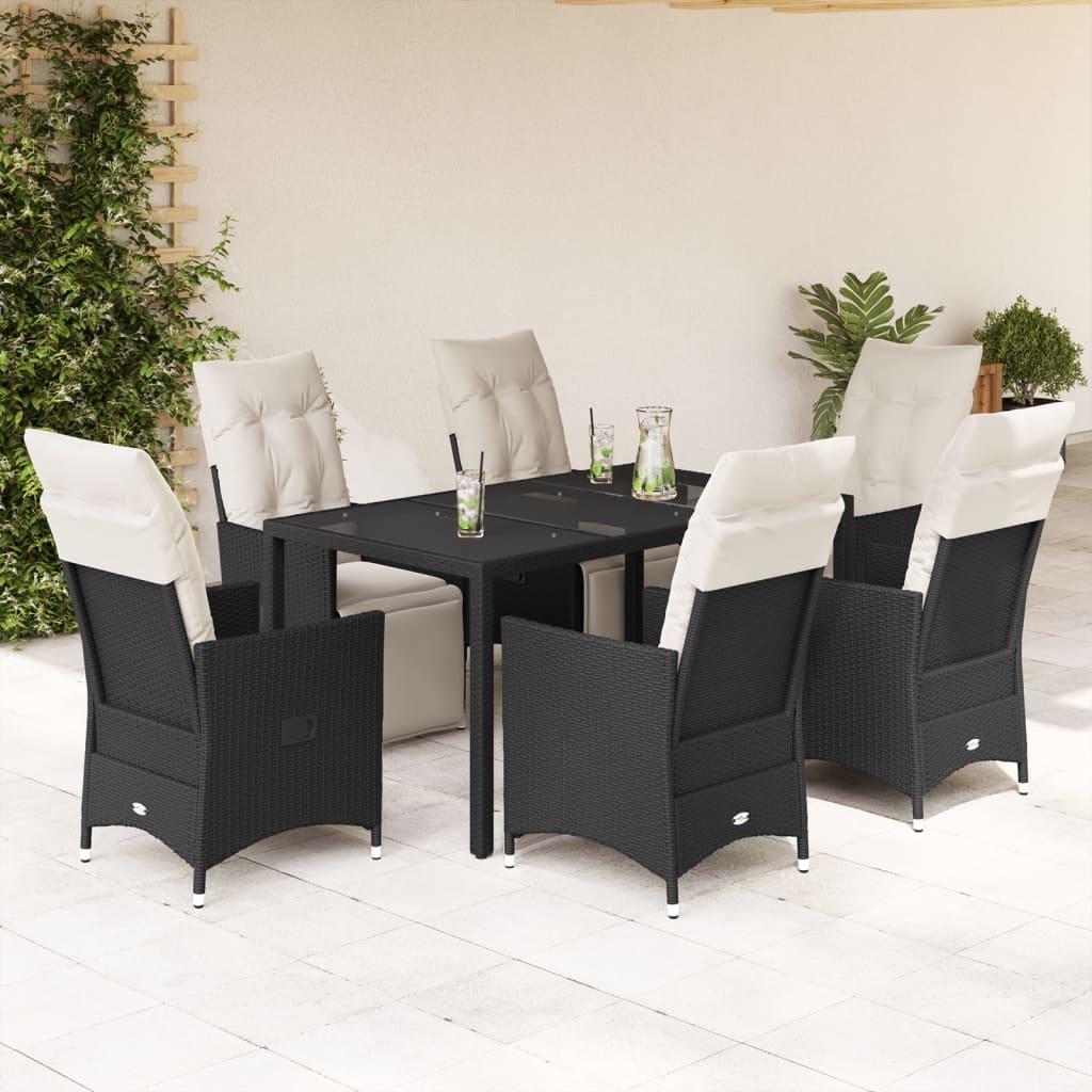 7 Piece Garden Dining Set with Cushions Black Poly Rattan