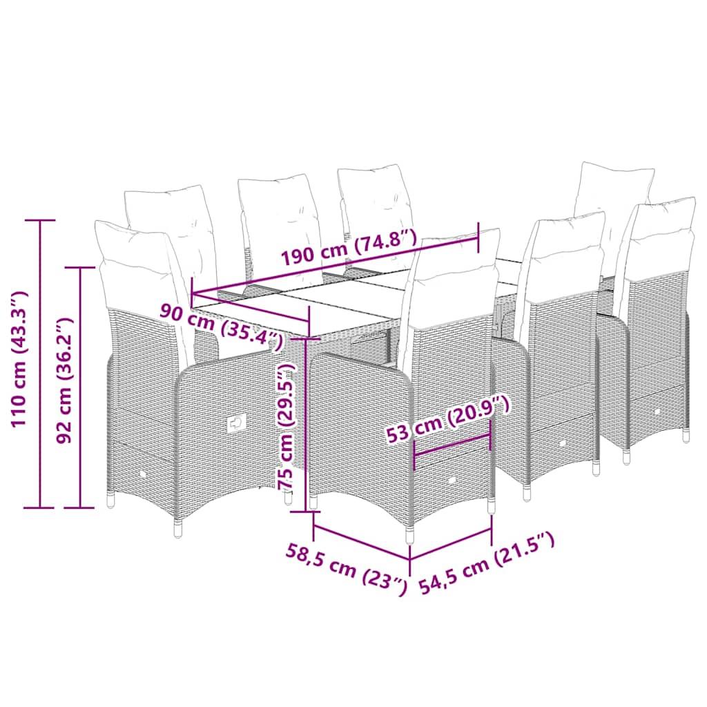 9 Piece Garden Bistro Set with Cushions Grey Poly Rattan