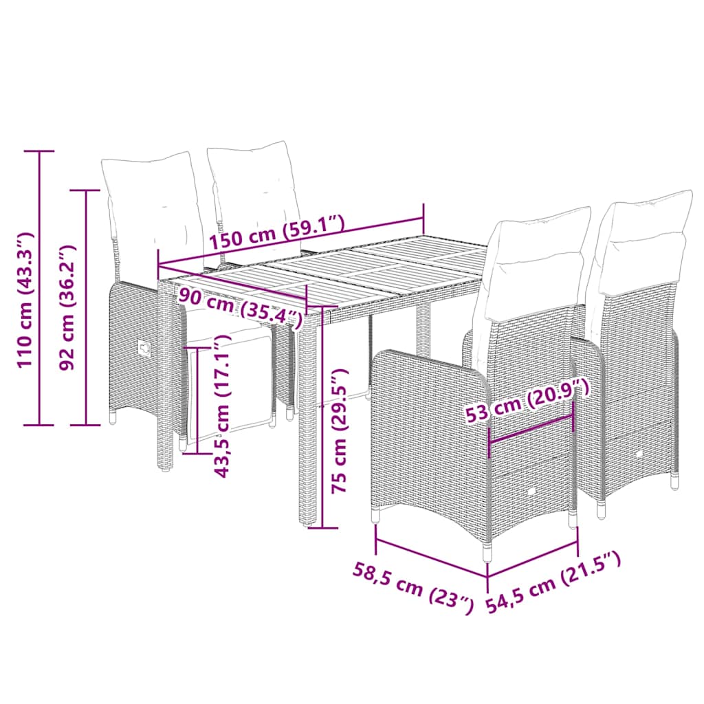 5 Piece Garden Bistro Set with Cushions Black Poly Rattan