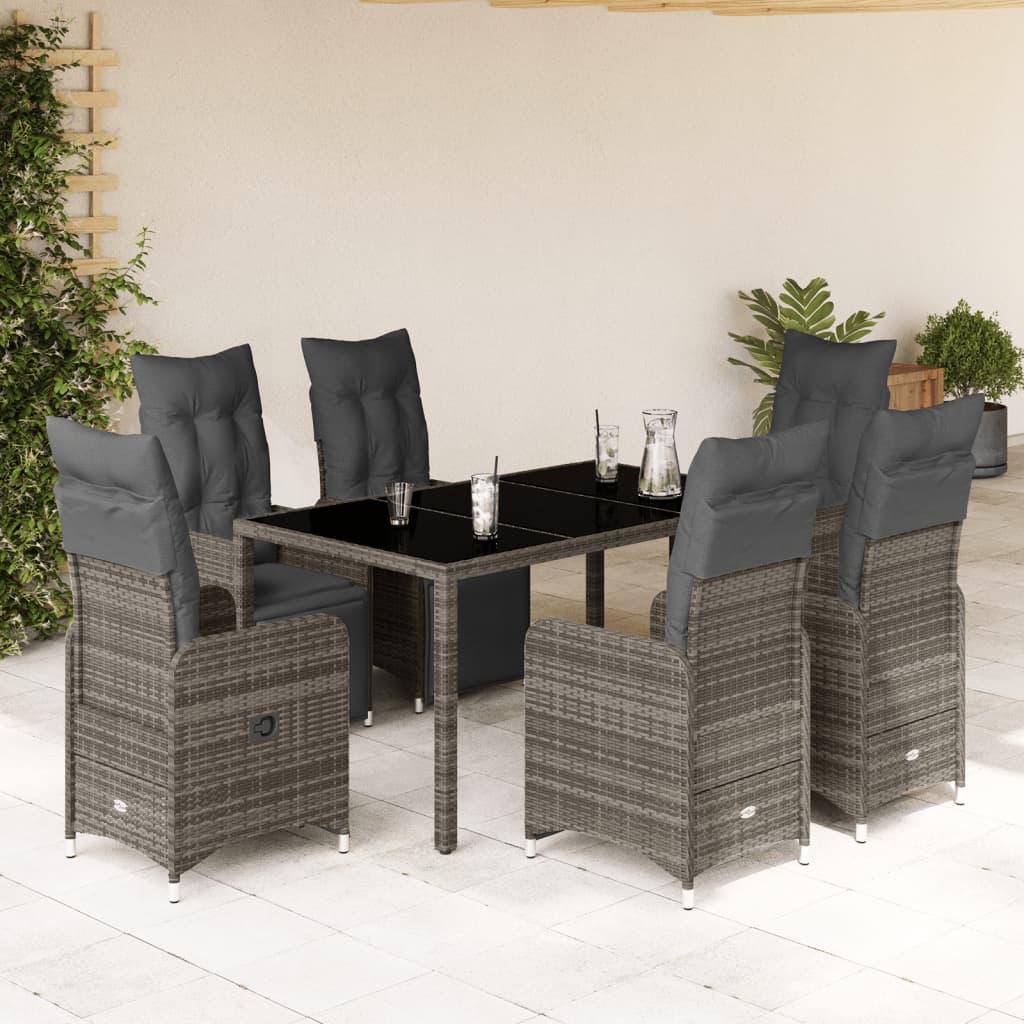 7 Piece Garden Bistro Set with Cushions Grey Poly Rattan