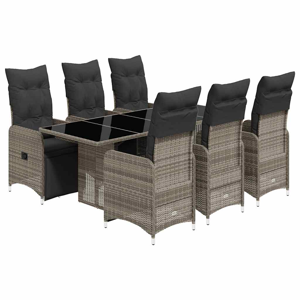 7 Piece Garden Bistro Set with Cushions Grey Poly Rattan