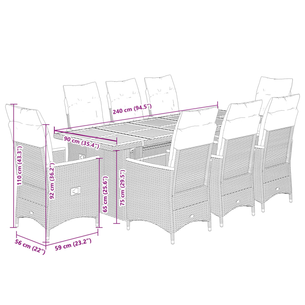 9 Piece Garden Bistro Set with Cushions Grey Poly Rattan