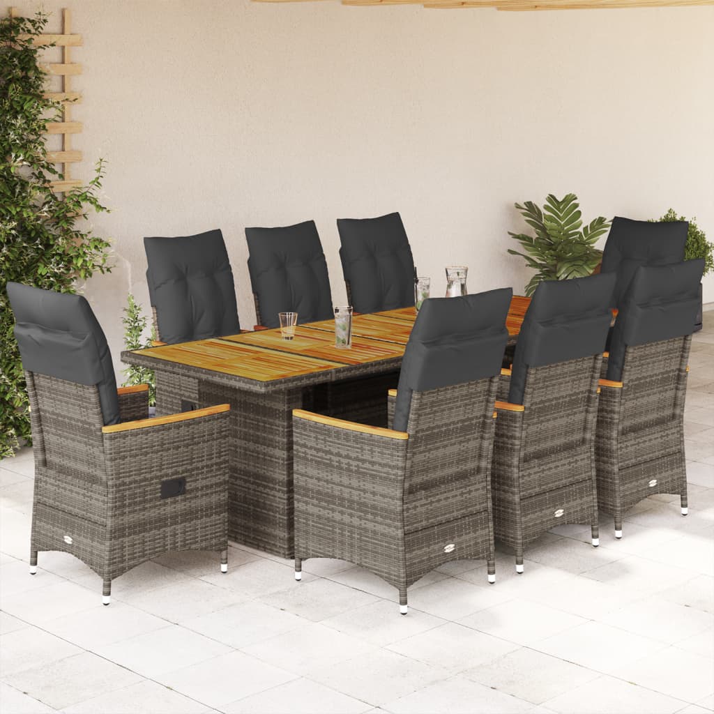 9 Piece Garden Bistro Set with Cushions Grey Poly Rattan