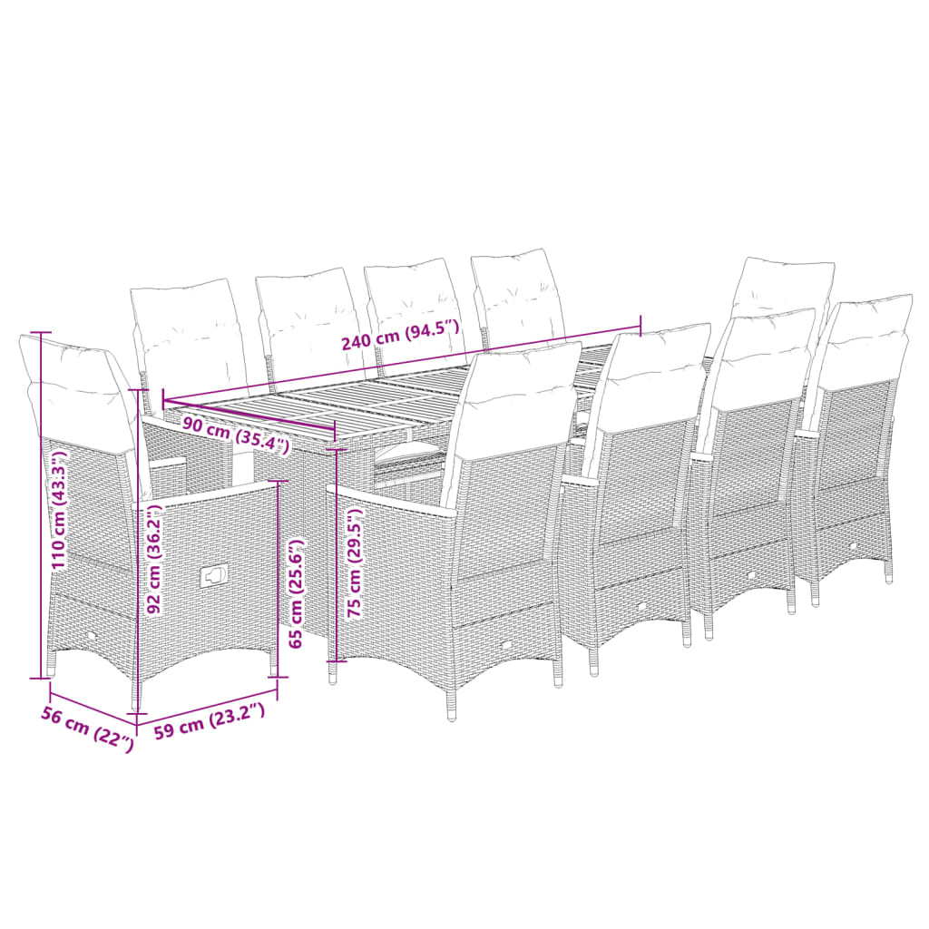 11 Piece Garden Bistro Set with Cushions Grey Poly Rattan