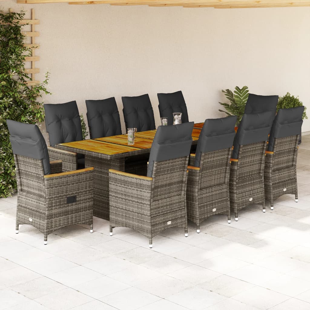 11 Piece Garden Bistro Set with Cushions Grey Poly Rattan