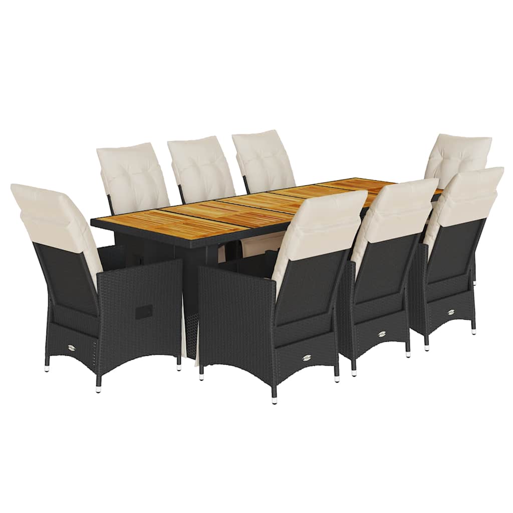 9 Piece Garden Bistro Set with Cushions Black Poly Rattan