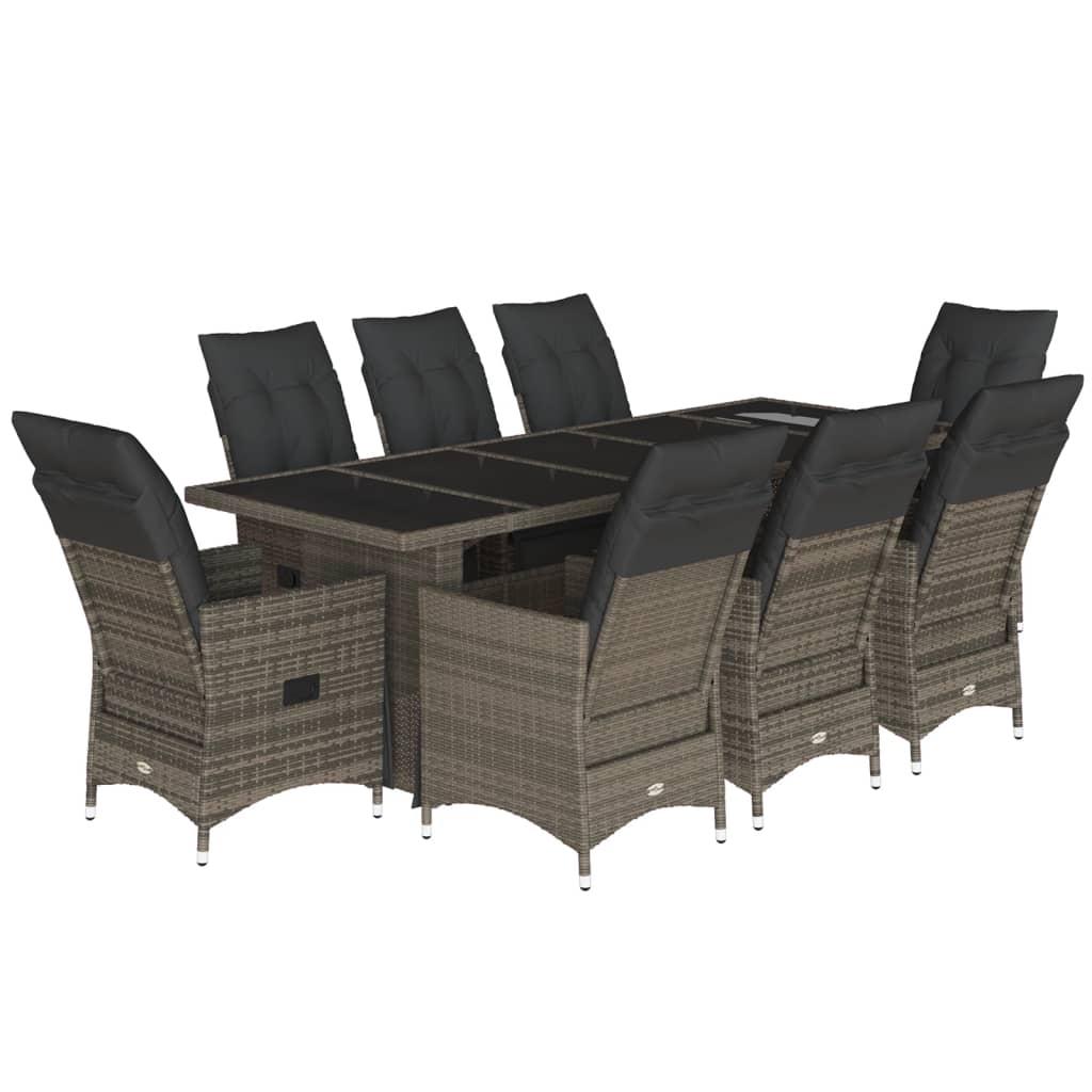 9 Piece Garden Bistro Set with Cushions Grey Poly Rattan