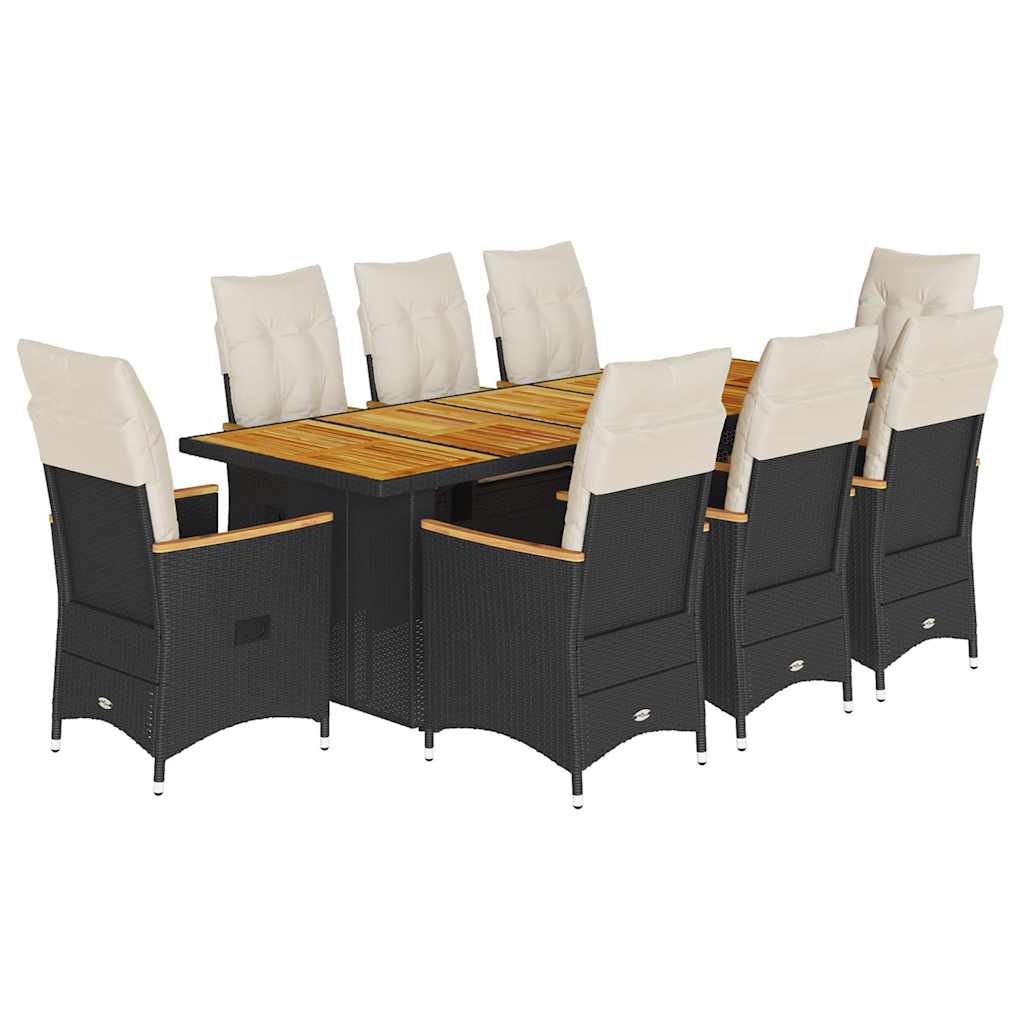 9 Piece Garden Bistro Set with Cushions Black Poly Rattan