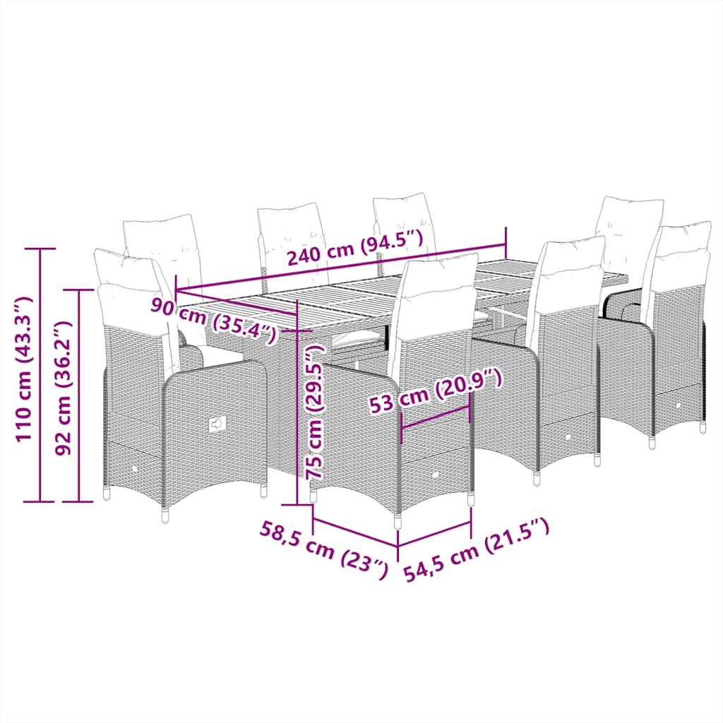 9 Piece Garden Bistro Set with Cushions Grey Poly Rattan
