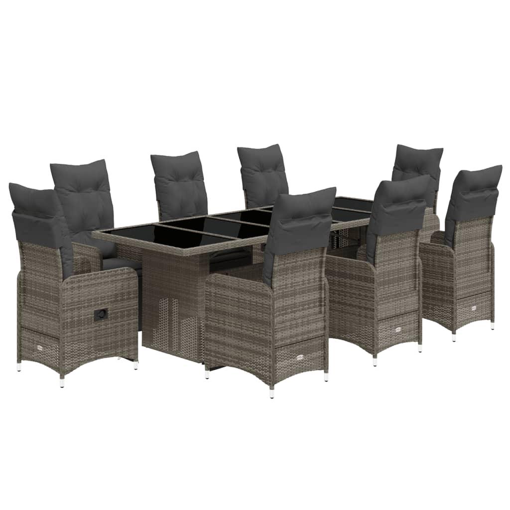 9 Piece Garden Bistro Set with Cushions Grey Poly Rattan
