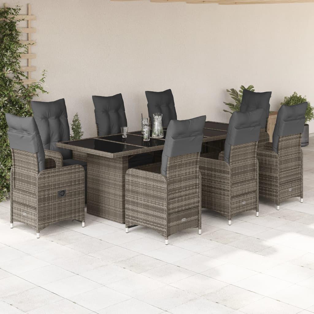 9 Piece Garden Bistro Set with Cushions Grey Poly Rattan