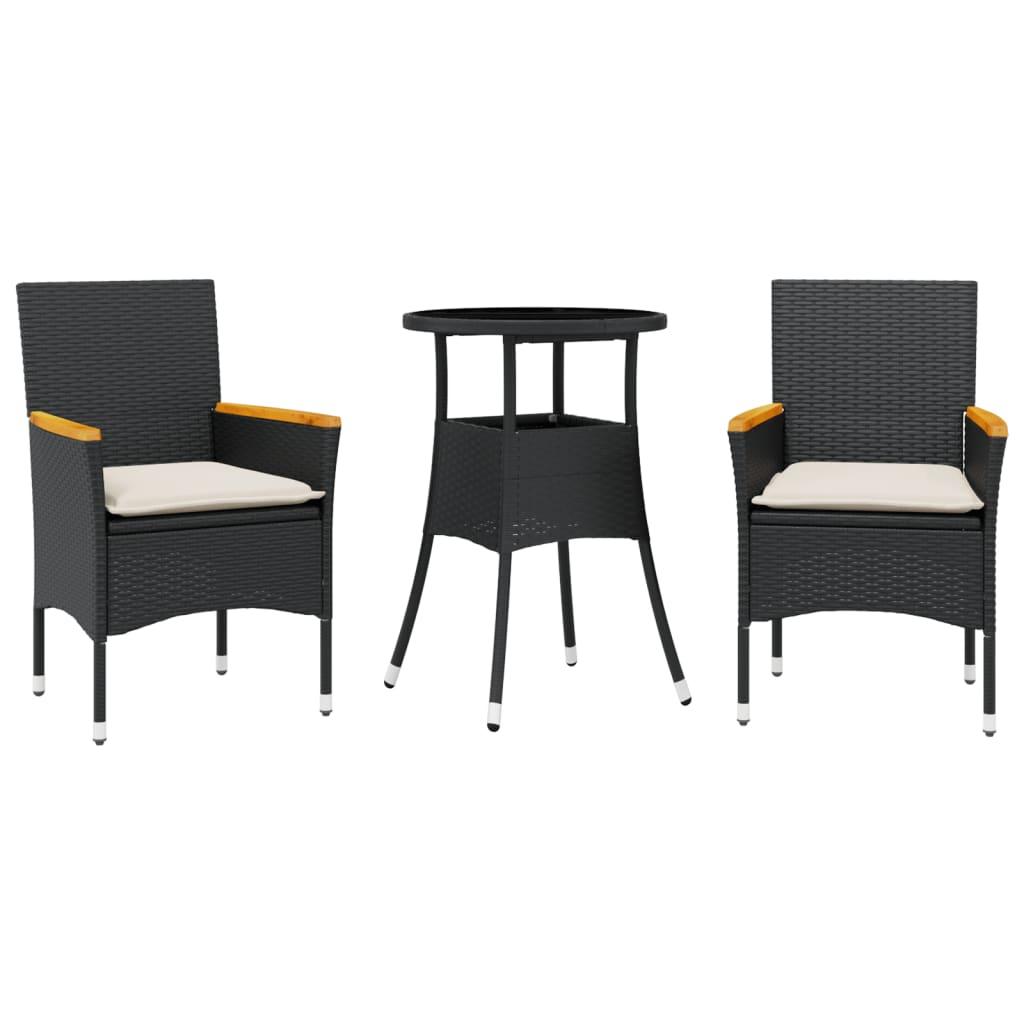 3 Piece Garden Dining Set with Cushions Black Poly Rattan and Glass