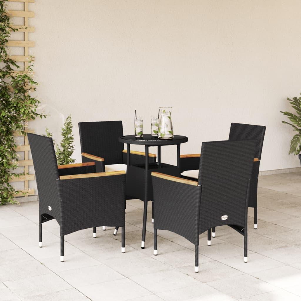 5 Piece Garden Dining Set with Cushions Black Poly Rattan and Glass