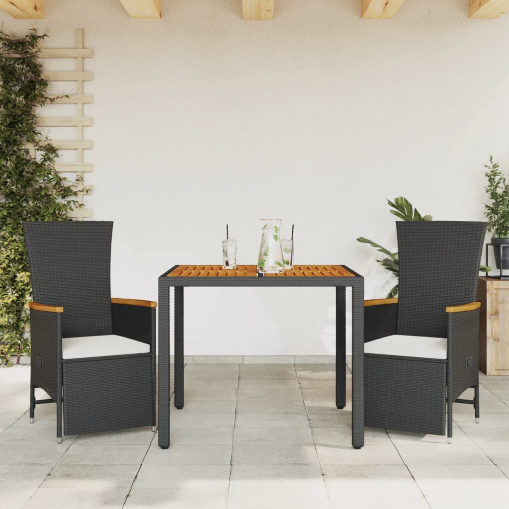 3 Piece Garden Dining Set with Cushions Black Poly Rattan