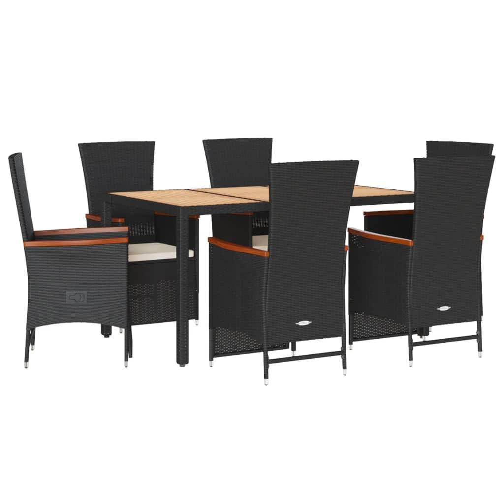 7 Piece Garden Dining Set with Cushions Black Poly Rattan