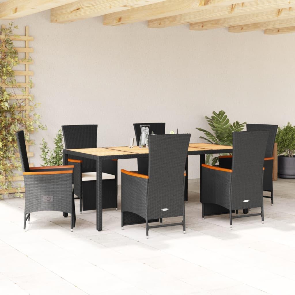 7 Piece Garden Dining Set with Cushions Black Poly Rattan