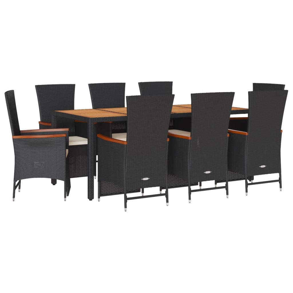 9 Piece Garden Dining Set with Cushions Black Poly Rattan