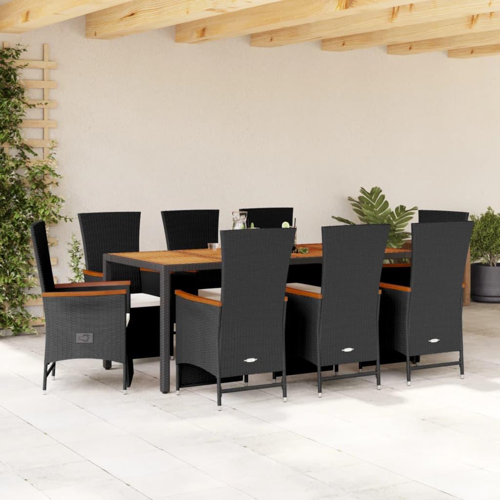 9 Piece Garden Dining Set with Cushions Black Poly Rattan