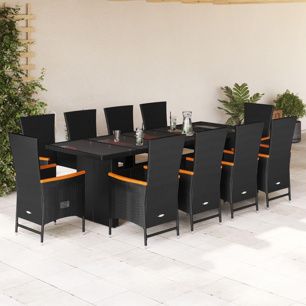 11 Piece Garden Dining Set with Cushions Black Poly Rattan