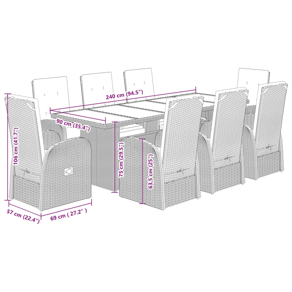 9 Piece Garden Dining Set with Cushions Grey Poly Rattan