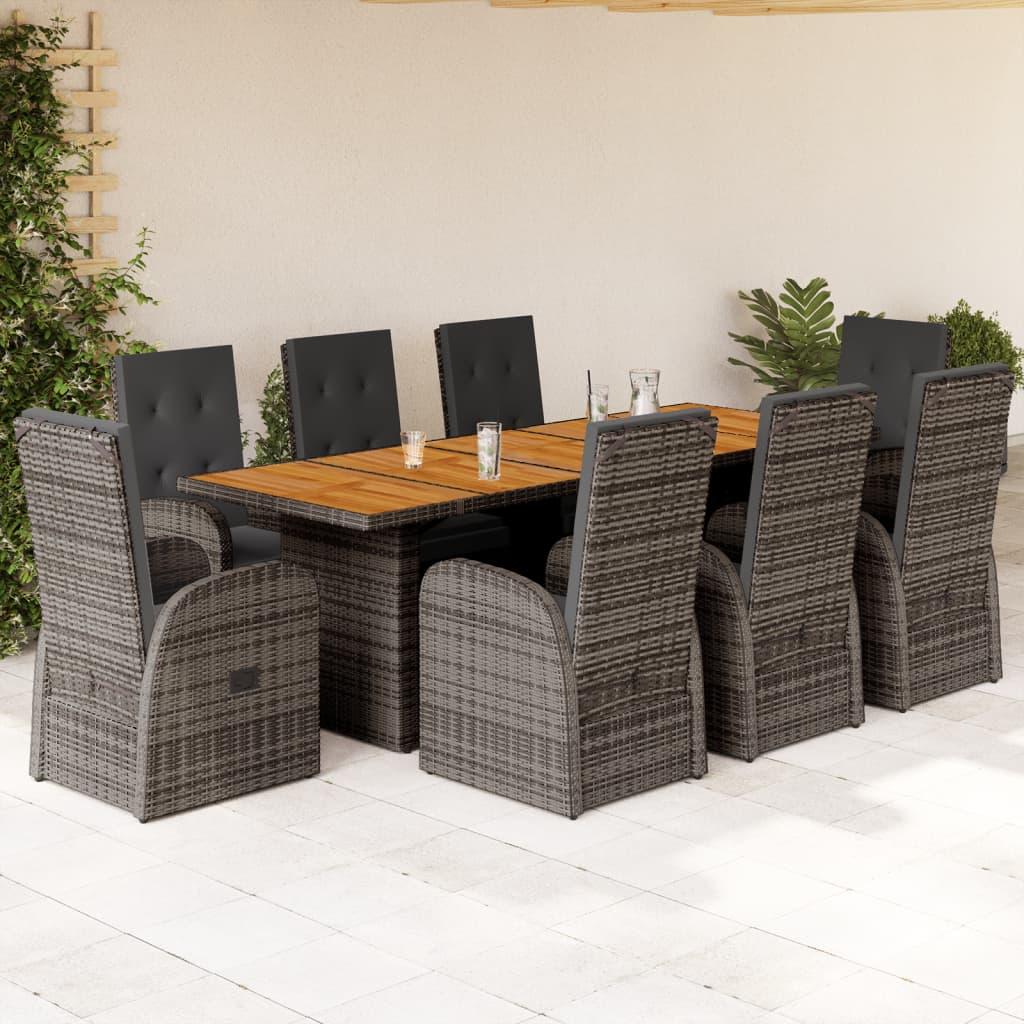 9 Piece Garden Dining Set with Cushions Grey Poly Rattan