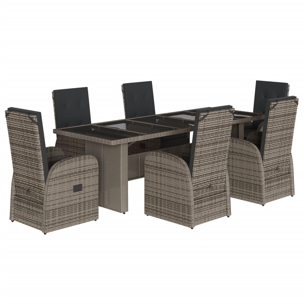7 Piece Garden Dining Set with Cushions Grey Poly Rattan