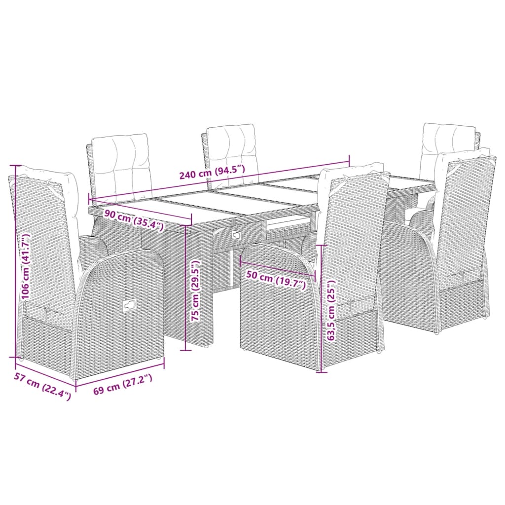7 Piece Garden Dining Set with Cushions Black Poly Rattan