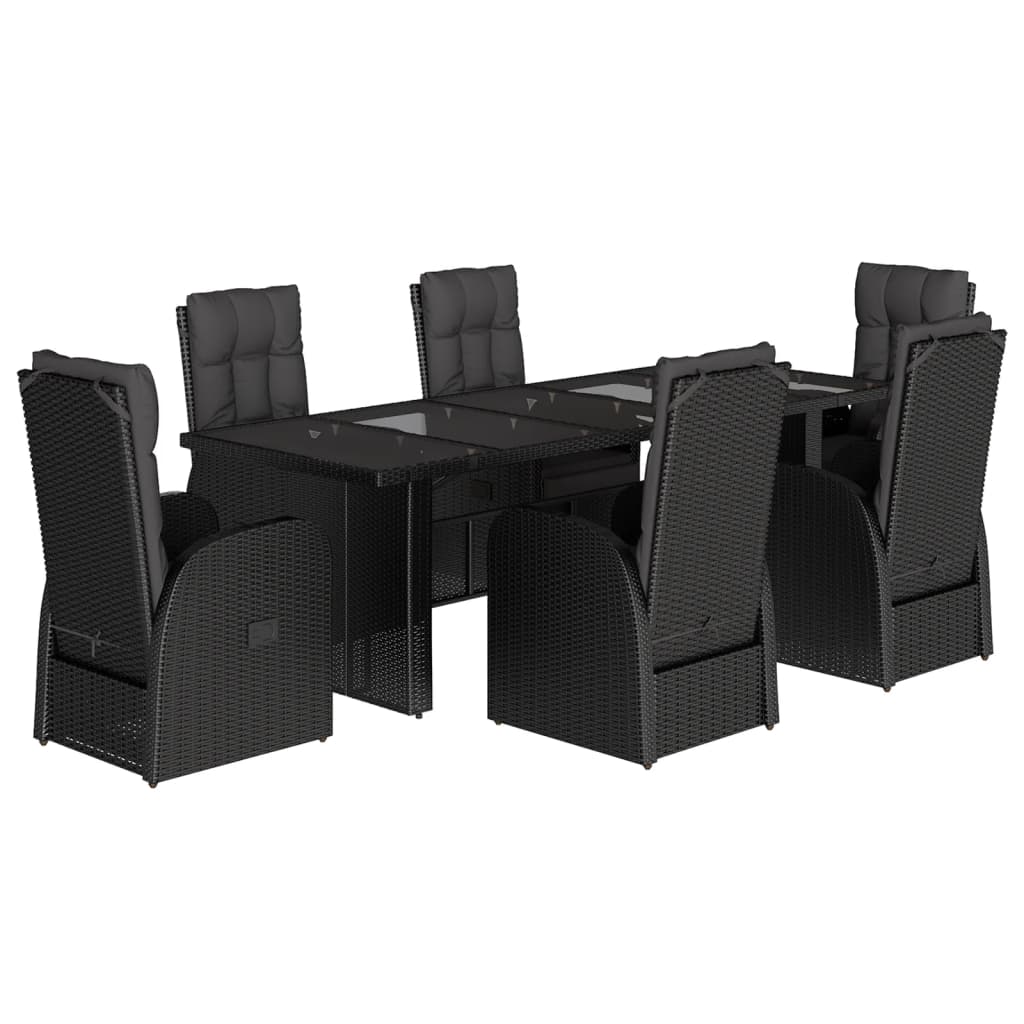 7 Piece Garden Dining Set with Cushions Black Poly Rattan