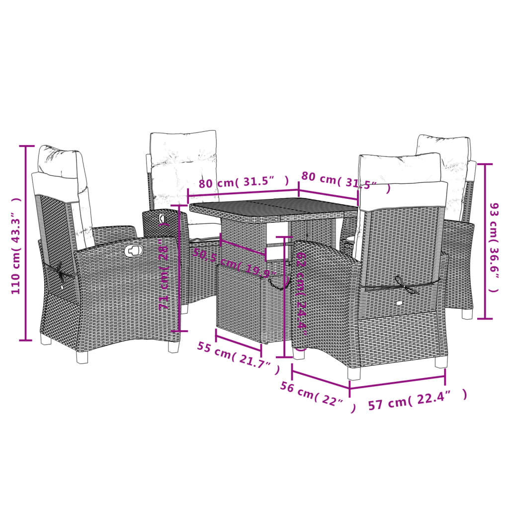 5 Piece Garden Dining Set with Cushions Grey Poly Rattan