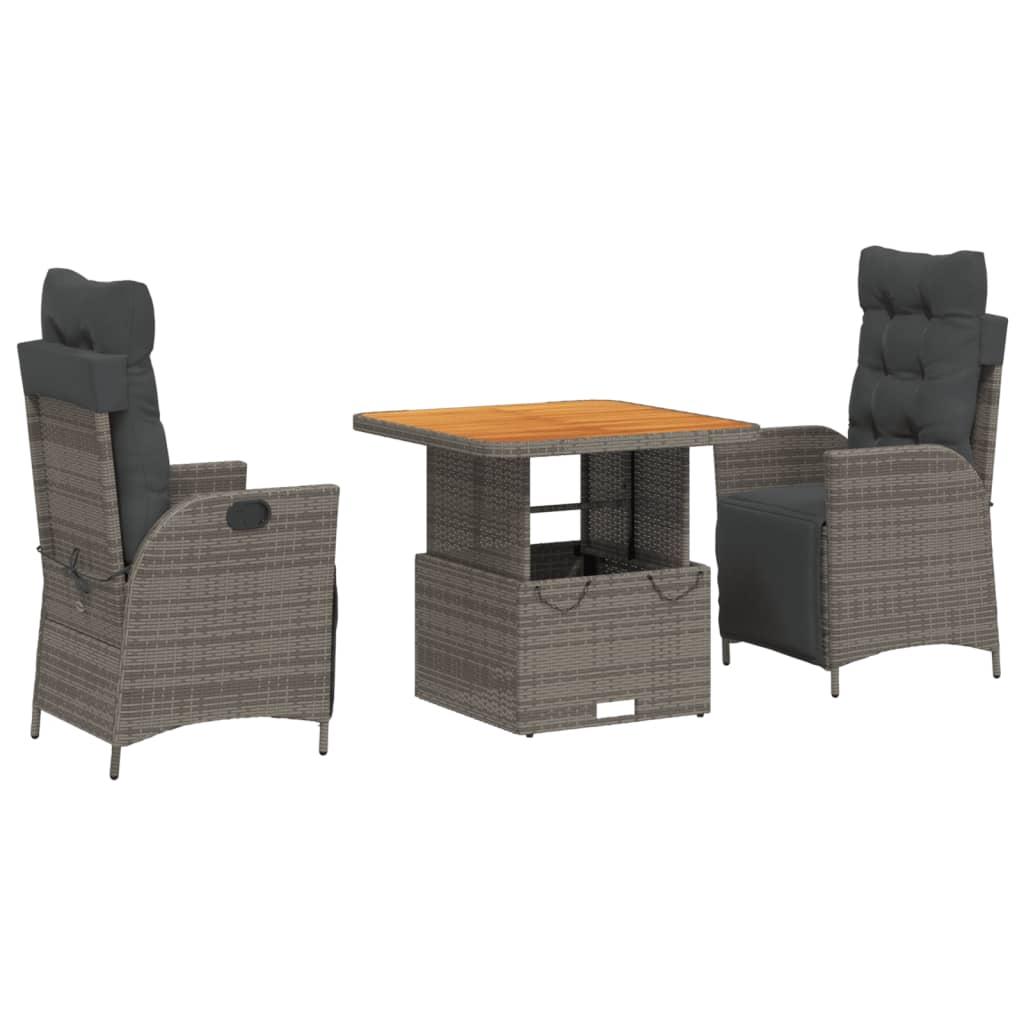 3 Piece Garden Dining Set with Cushions Grey Poly Rattan