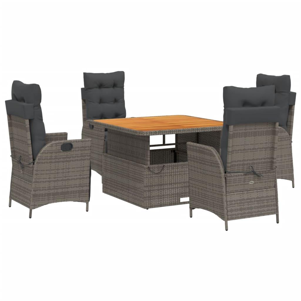5 Piece Garden Dining Set with Cushions Grey Poly Rattan