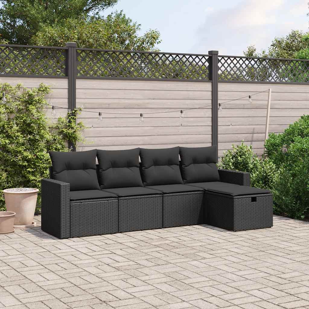 5 Piece Garden Sofa Set with Cushions Black Poly Rattan