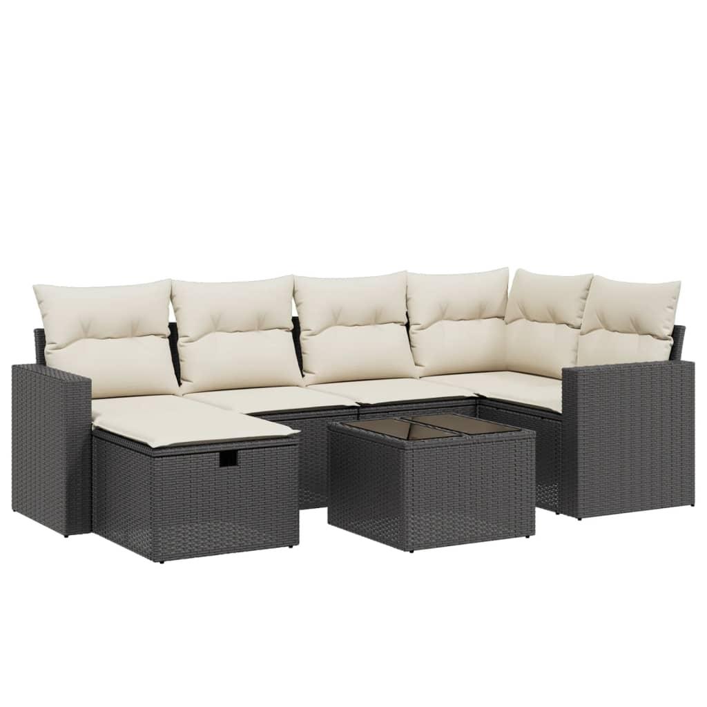 7 Piece Garden Sofa Set with Cushions Black Poly Rattan