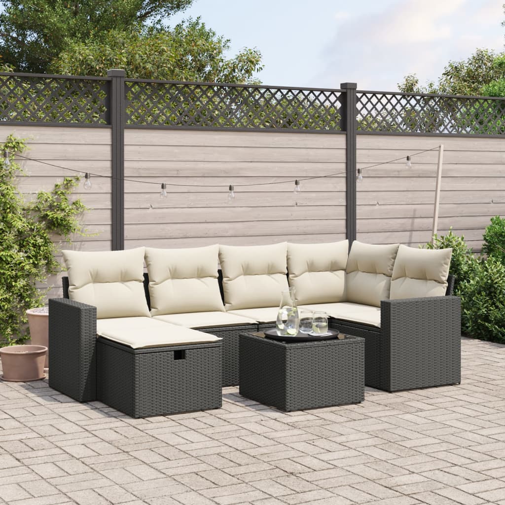7 Piece Garden Sofa Set with Cushions Black Poly Rattan