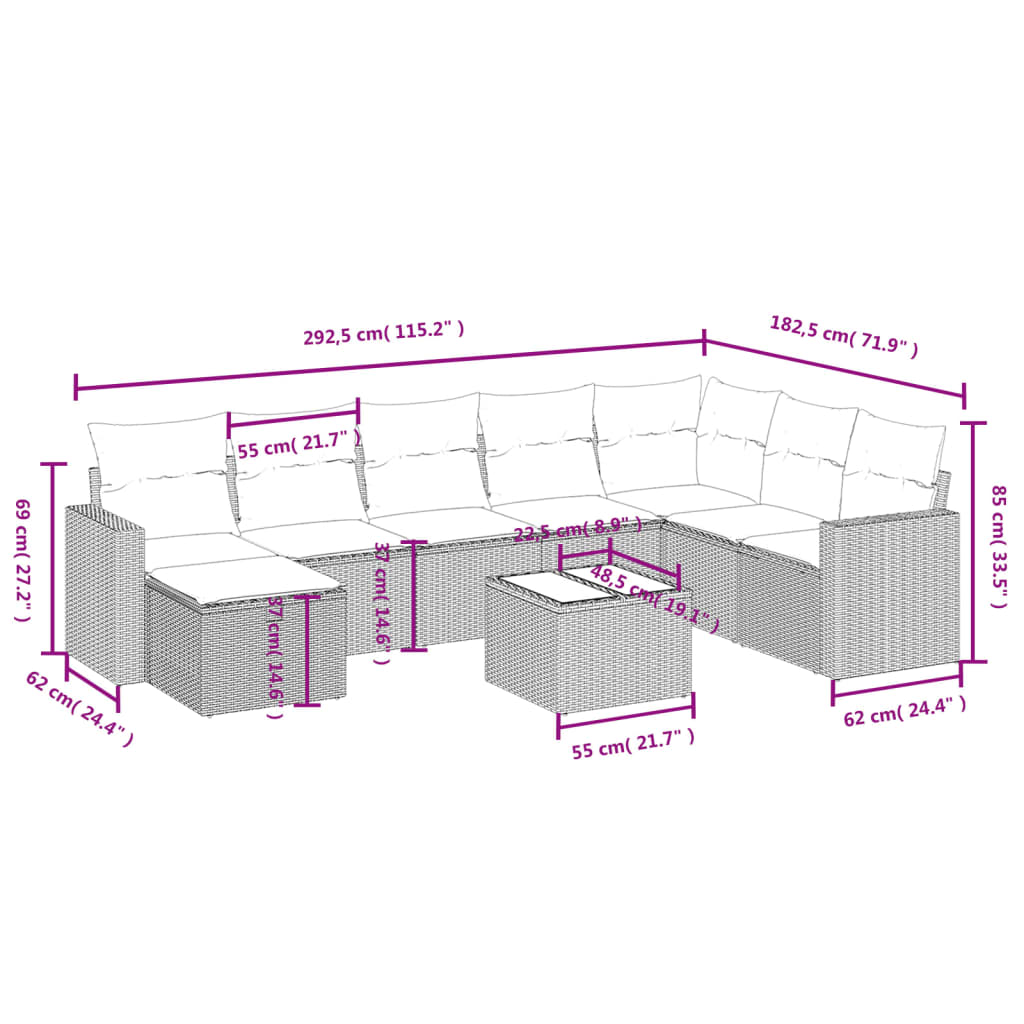 9 Piece Garden Sofa Set with Cushions Grey Poly Rattan