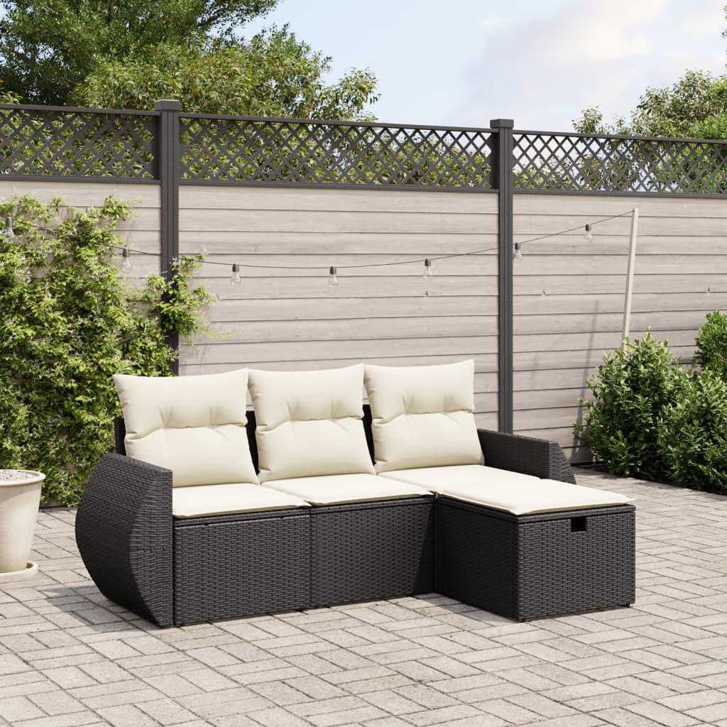 4 Piece Garden Sofa Set with Cushions Black Poly Rattan