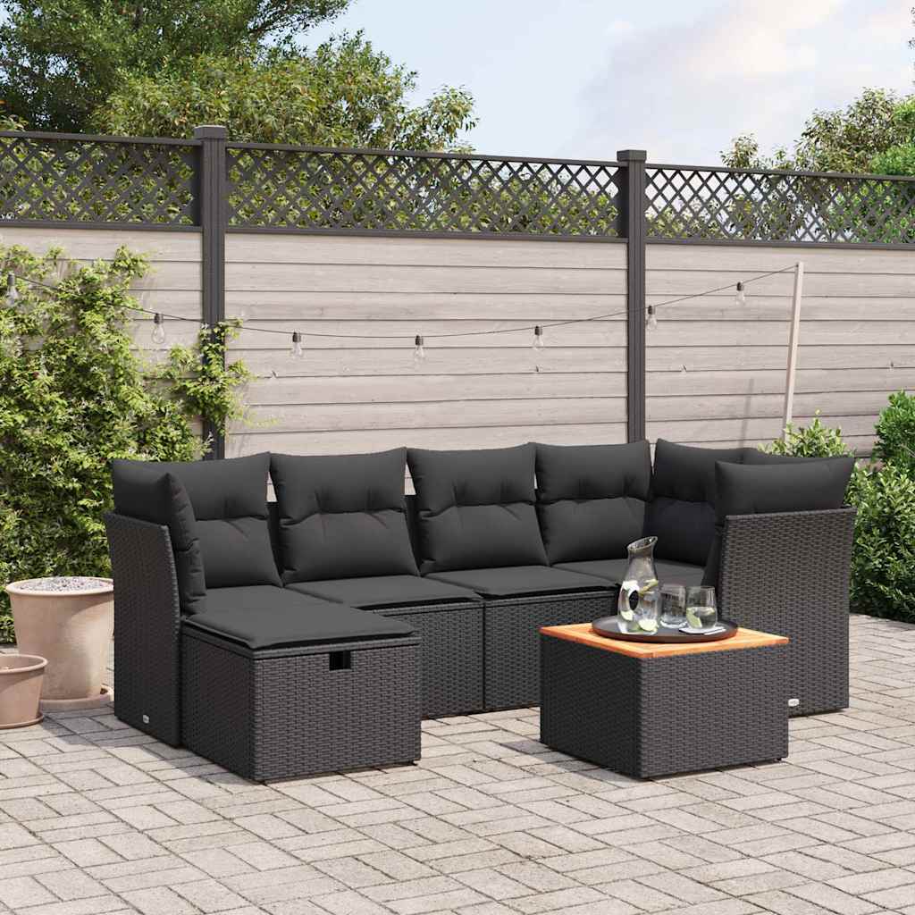 7 Piece Garden Sofa Set with Cushions Black Poly Rattan