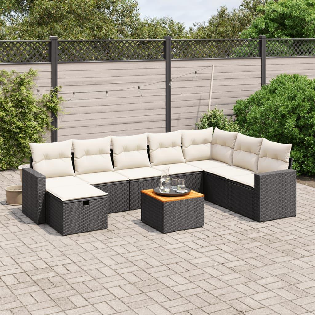 9 Piece Garden Sofa Set with Cushions Black Poly Rattan