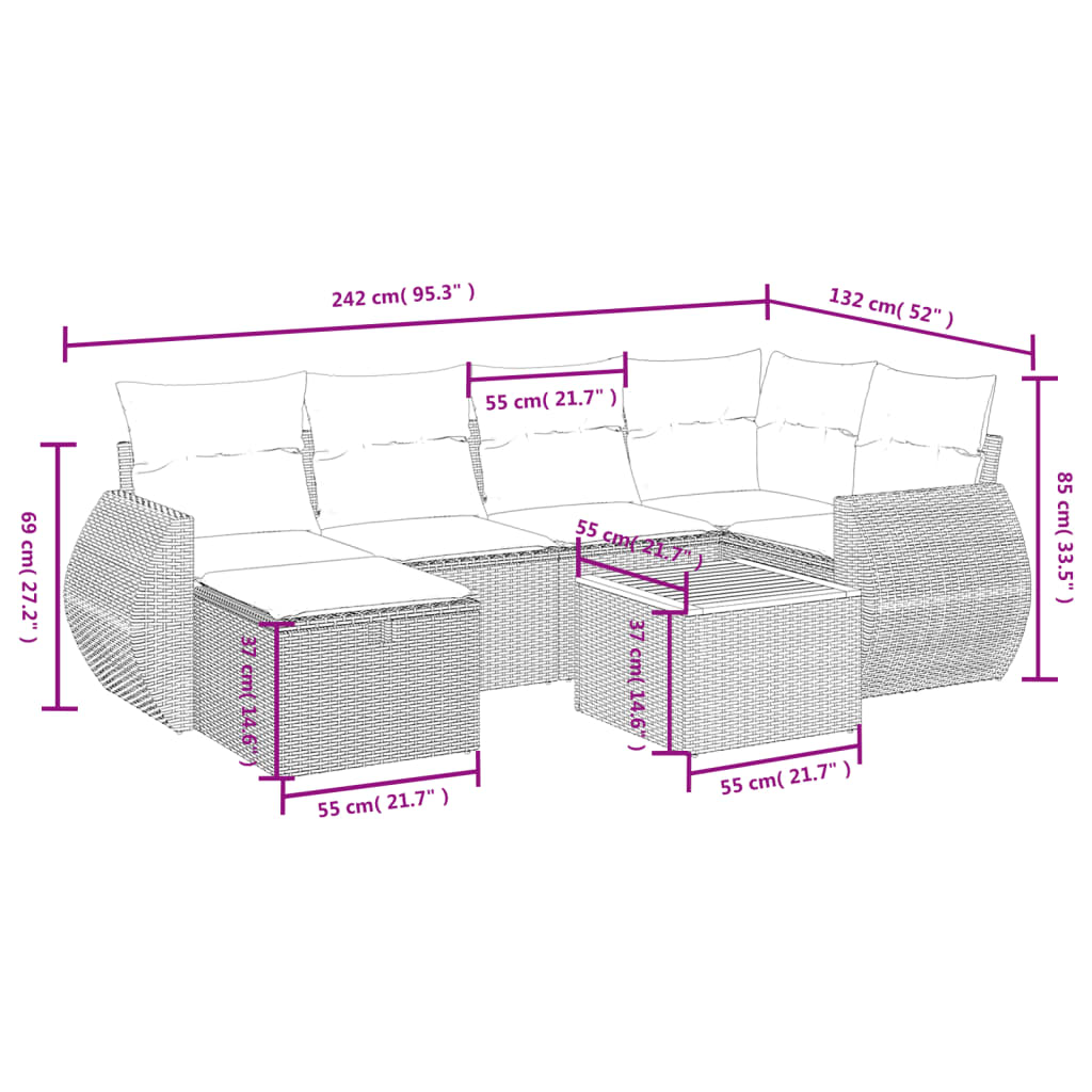 7 Piece Garden Sofa Set with Cushions Black Poly Rattan