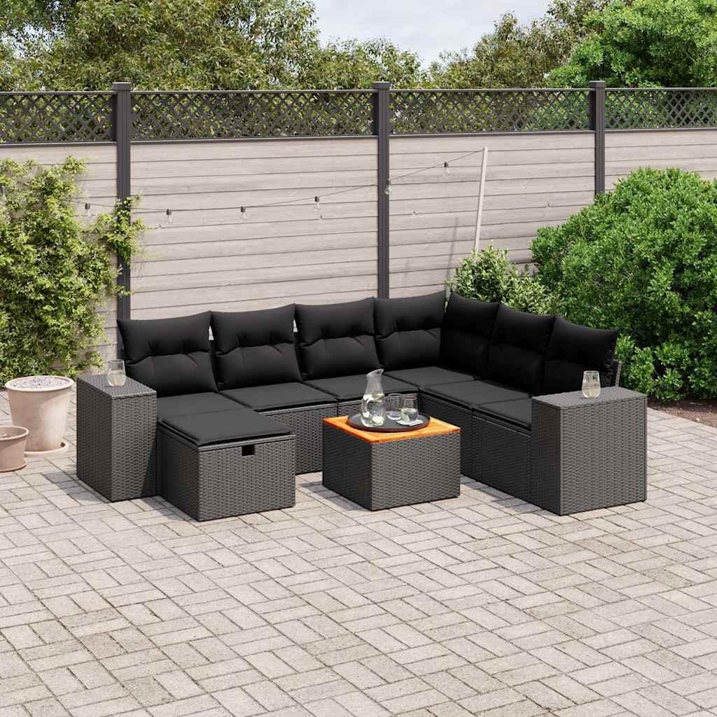 8 Piece Garden Sofa Set with Cushions Black Poly Rattan