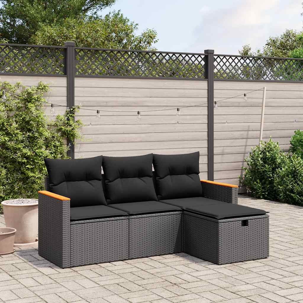 4 Piece Garden Sofa Set with Cushions Black Poly Rattan