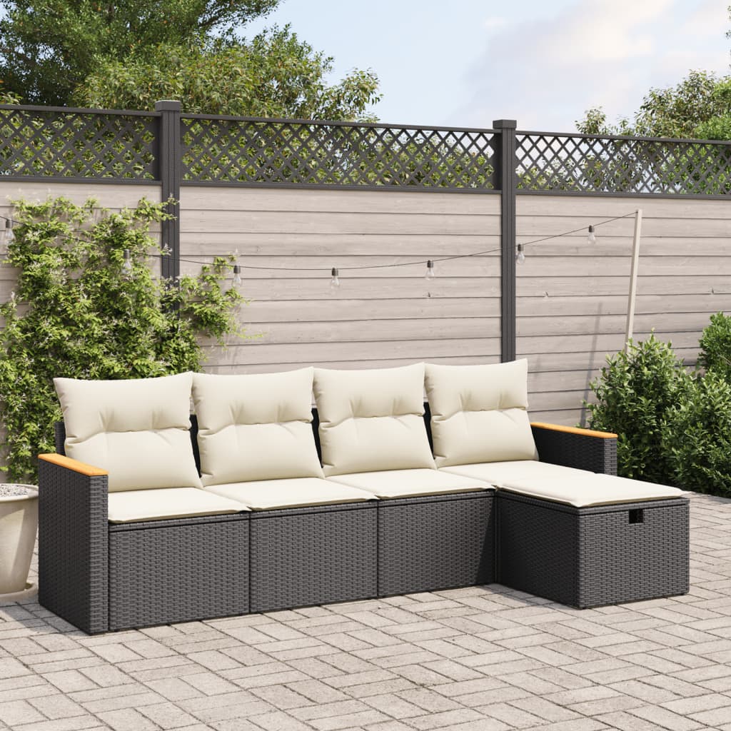 5 Piece Garden Sofa Set with Cushions Black Poly Rattan