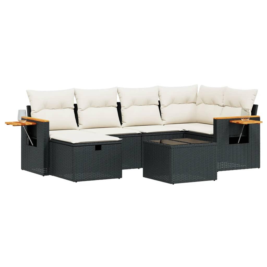 7 Piece Garden Sofa Set with Cushions Black Poly Rattan